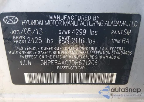 2013 Hyundai Sonata Gls z USA, uszkodzony, nr VIN 5NPEB4AC7DH671206